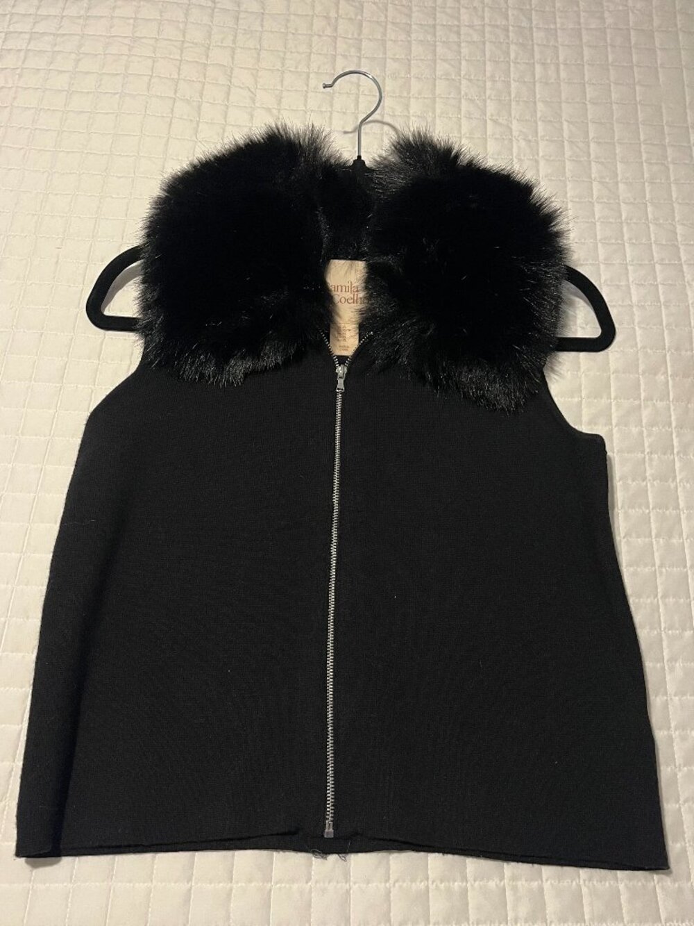 Faux Fur Collar Black Zip Front Vest XS Camila Coelho